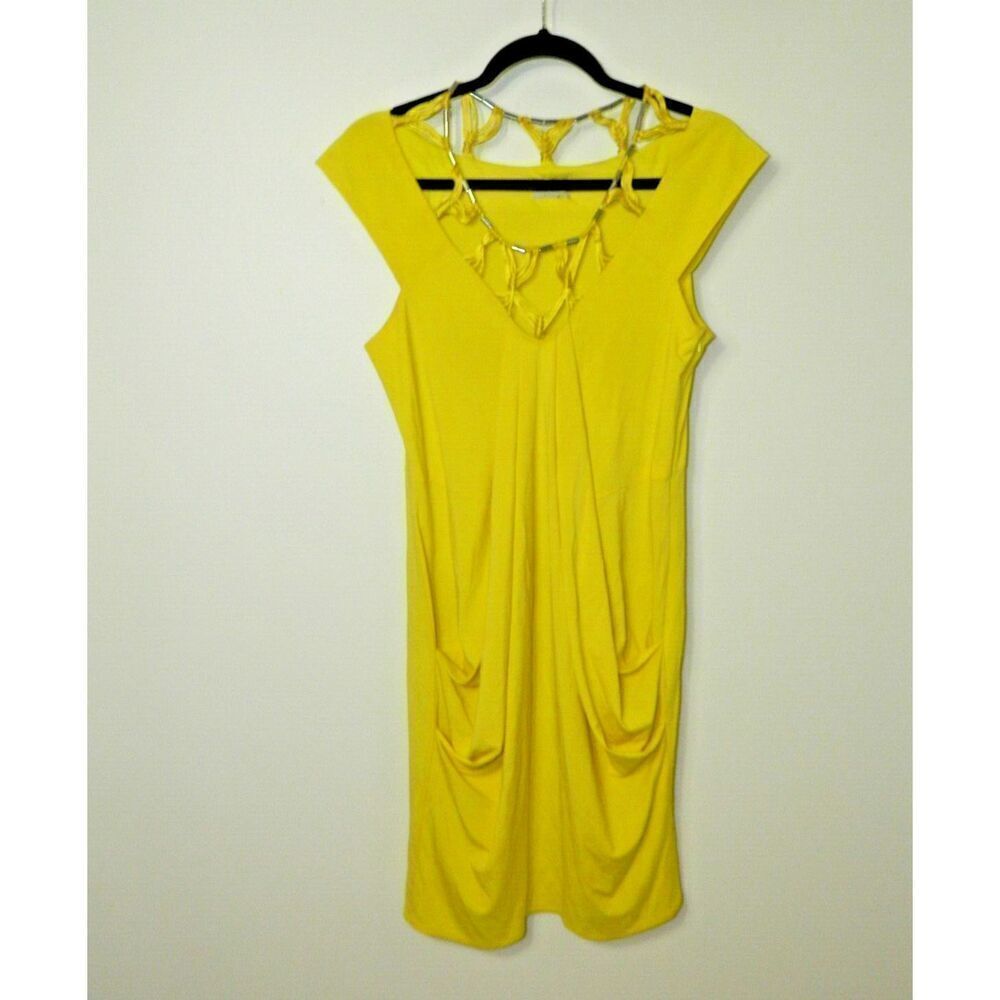 Karen Millen Dress Size 8 Yellow Draping Pockets Silver Details